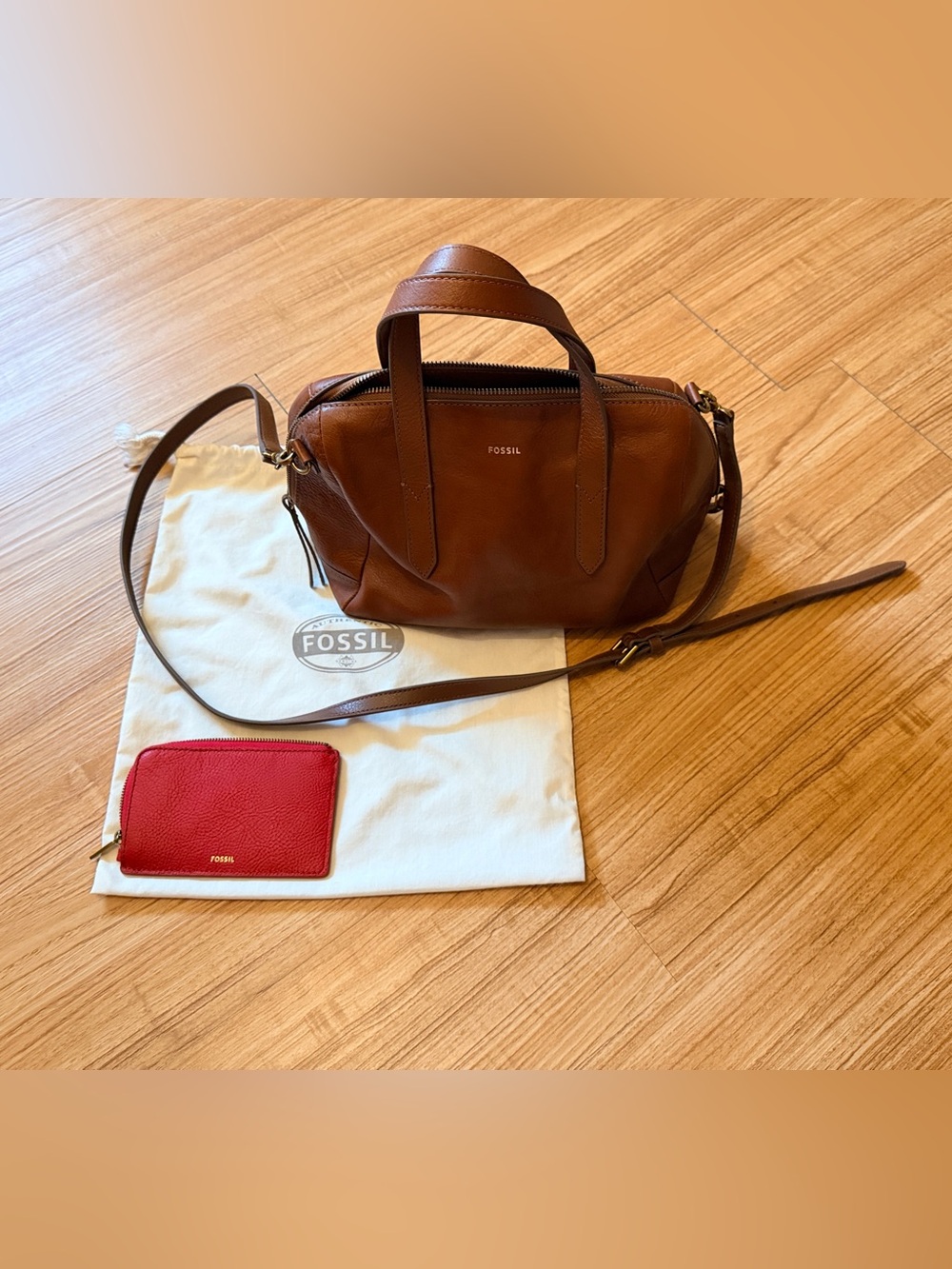 Fossil Brown crossbody purse with red wallet